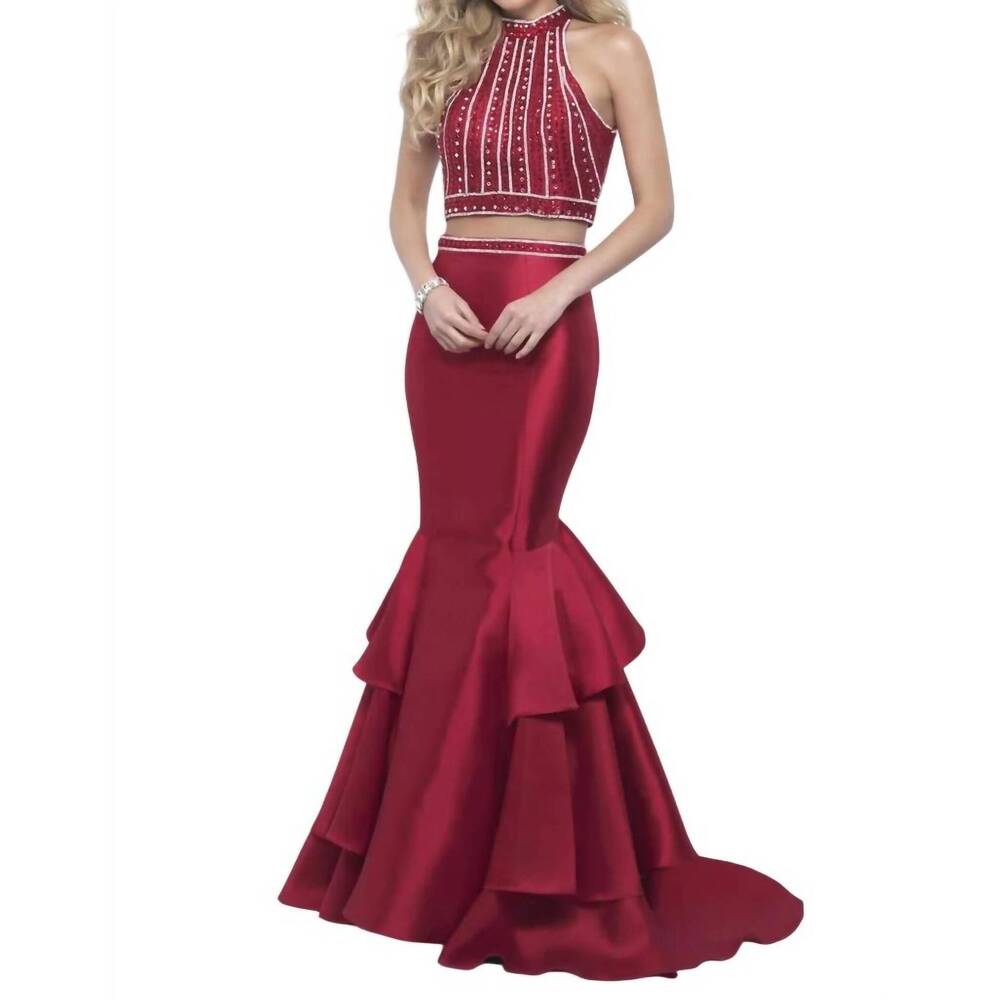 NEW BLUSH PROM ruffled mermaid two piece gown in valentine
